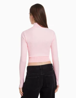 BERSHKA Gilet manches longues broderie fermeture Éclair Écru Clearance