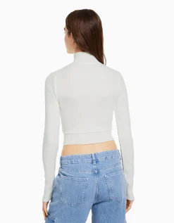 BERSHKA Gilet manches longues broderie fermeture Éclair Écru Flash Sale