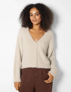 BERSHKA Gilet manches longues col V fausse fourrure Blanc Clearance