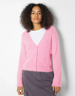 BERSHKA Gilet manches longues col V fausse fourrure Blanc Discount