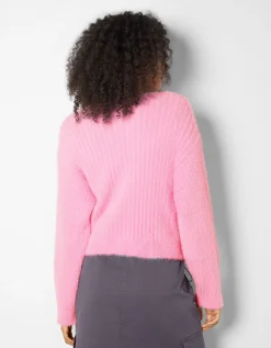 BERSHKA Gilet manches longues col V fausse fourrure Blanc Discount
