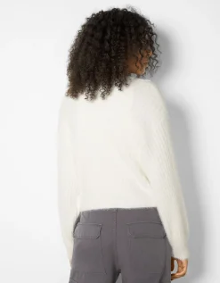 BERSHKA Gilet manches longues col V fausse fourrure Blanc Best