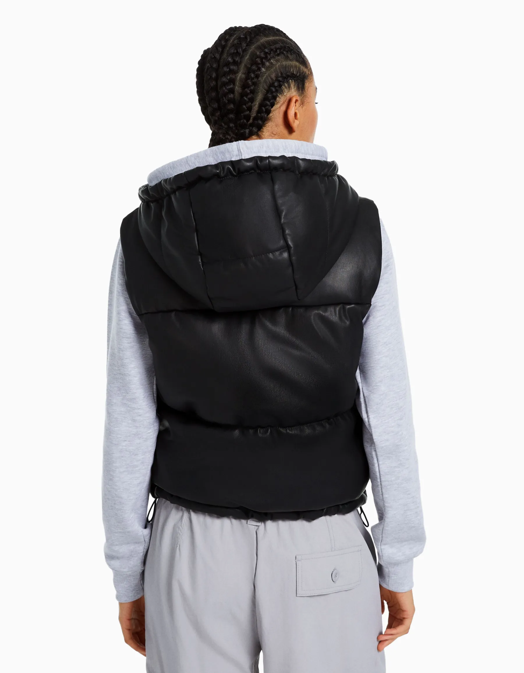 BERSHKA Gilet sans manches capuche similicuir Noir Cheap