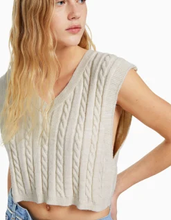 BERSHKA Gilet sans manches col en V Écru Cheap
