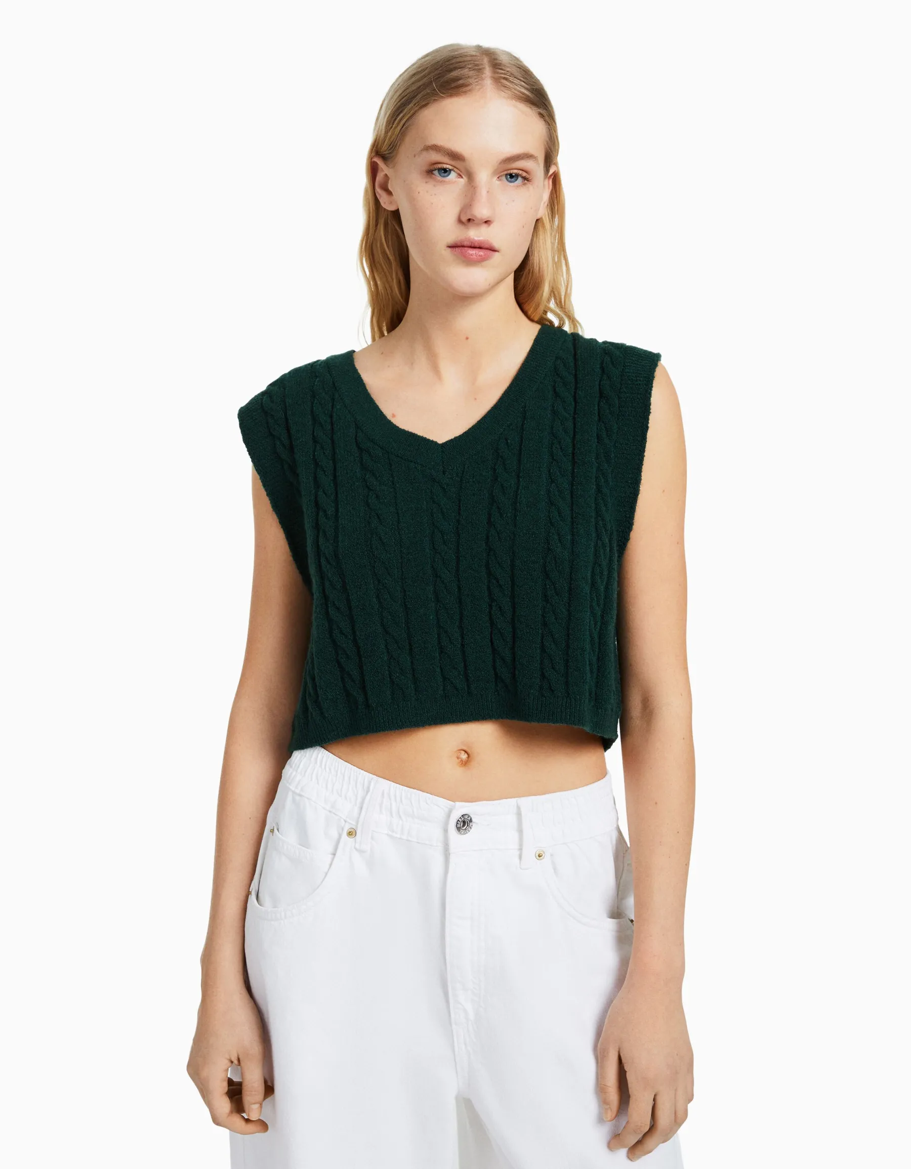 BERSHKA Gilet sans manches col en V Écru Shop