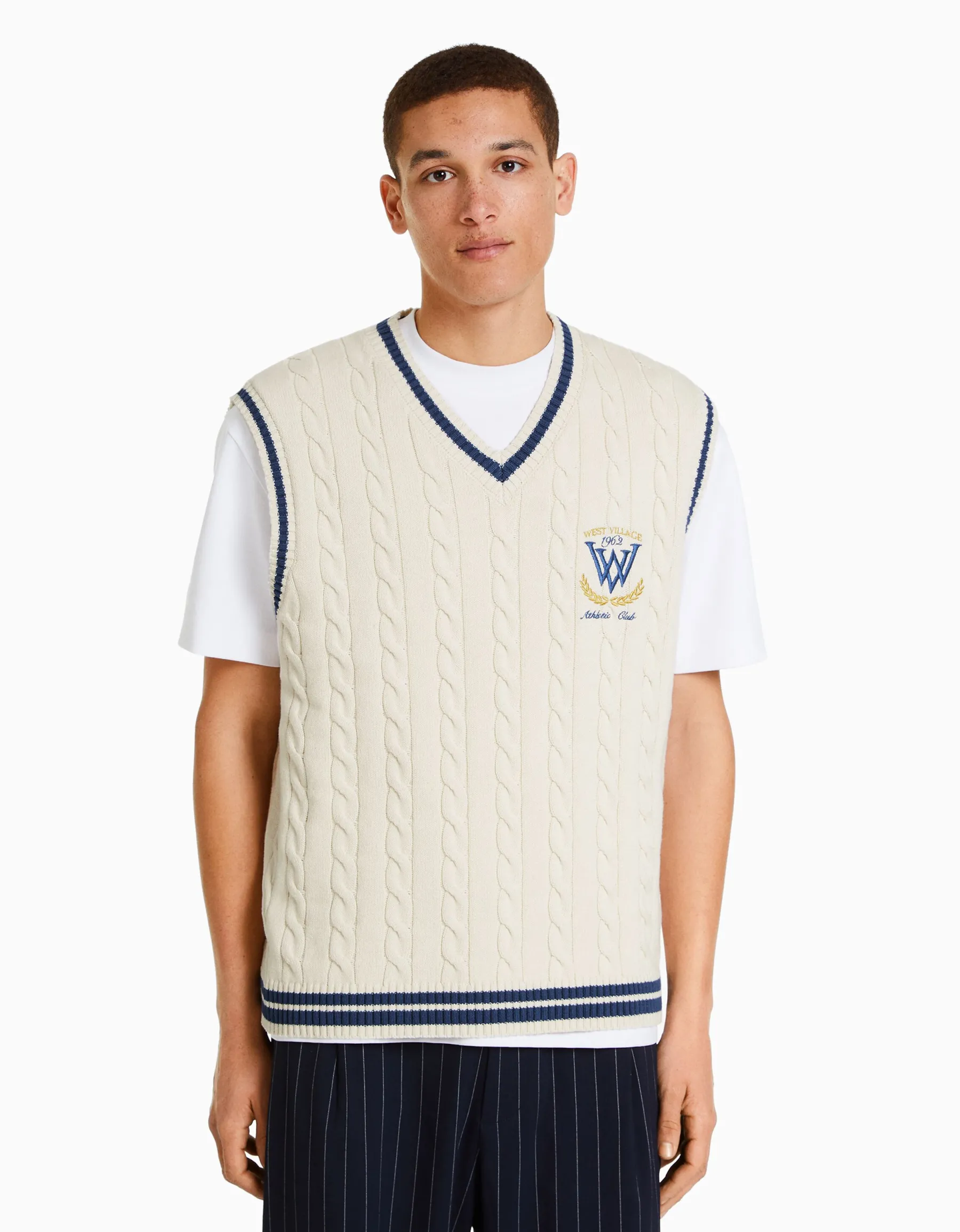 BERSHKA Gilet sans manches maille brodé Écru New