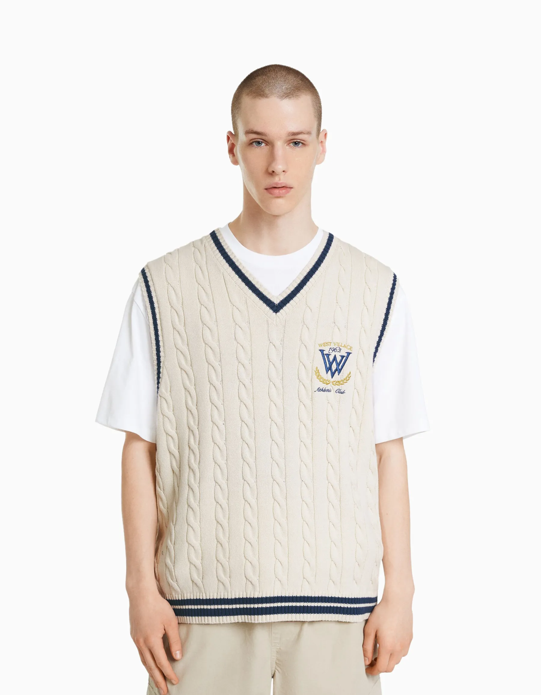 BERSHKA Gilet sans manches maille brodé Écru Clearance