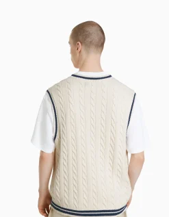 BERSHKA Gilet sans manches maille brodé Écru Clearance