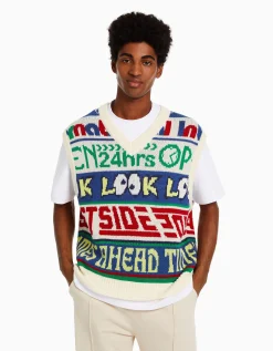 BERSHKA Gilet sans manches maille col V intarsia Écru Flash Sale
