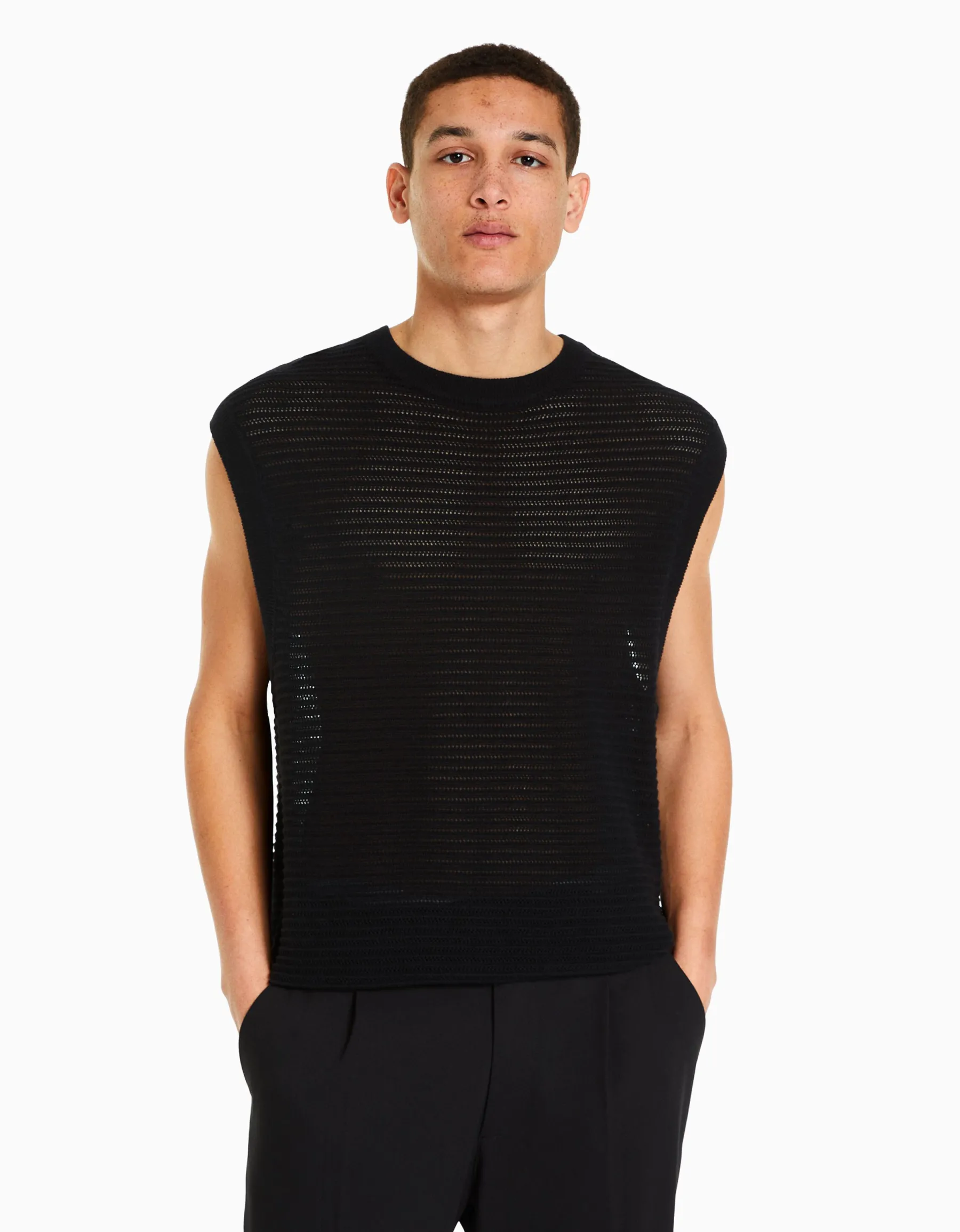 BERSHKA Gilet sans manches résille Noir Clearance