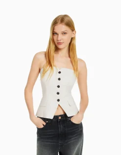 BERSHKA Gilet tailoring épaules dénudées Écru New