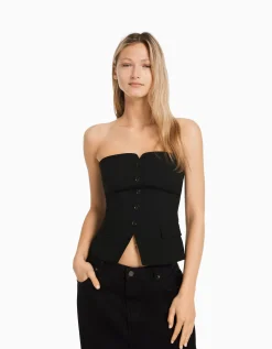 BERSHKA Gilet tailoring épaules dénudées Noir Outlet