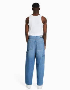 BERSHKA Jean baggy carpenter Bleu lavé Outlet