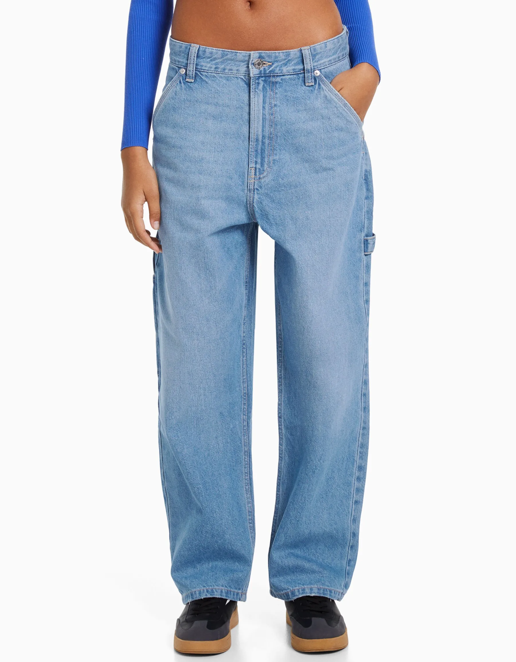 BERSHKA Jean baggy carpenter Blanc cassé Discount