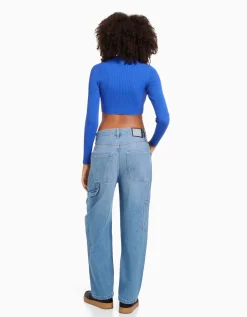 BERSHKA Jean baggy carpenter Blanc cassé Discount