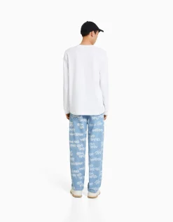 BERSHKA Jean baggy imprimé Bleu lavé New