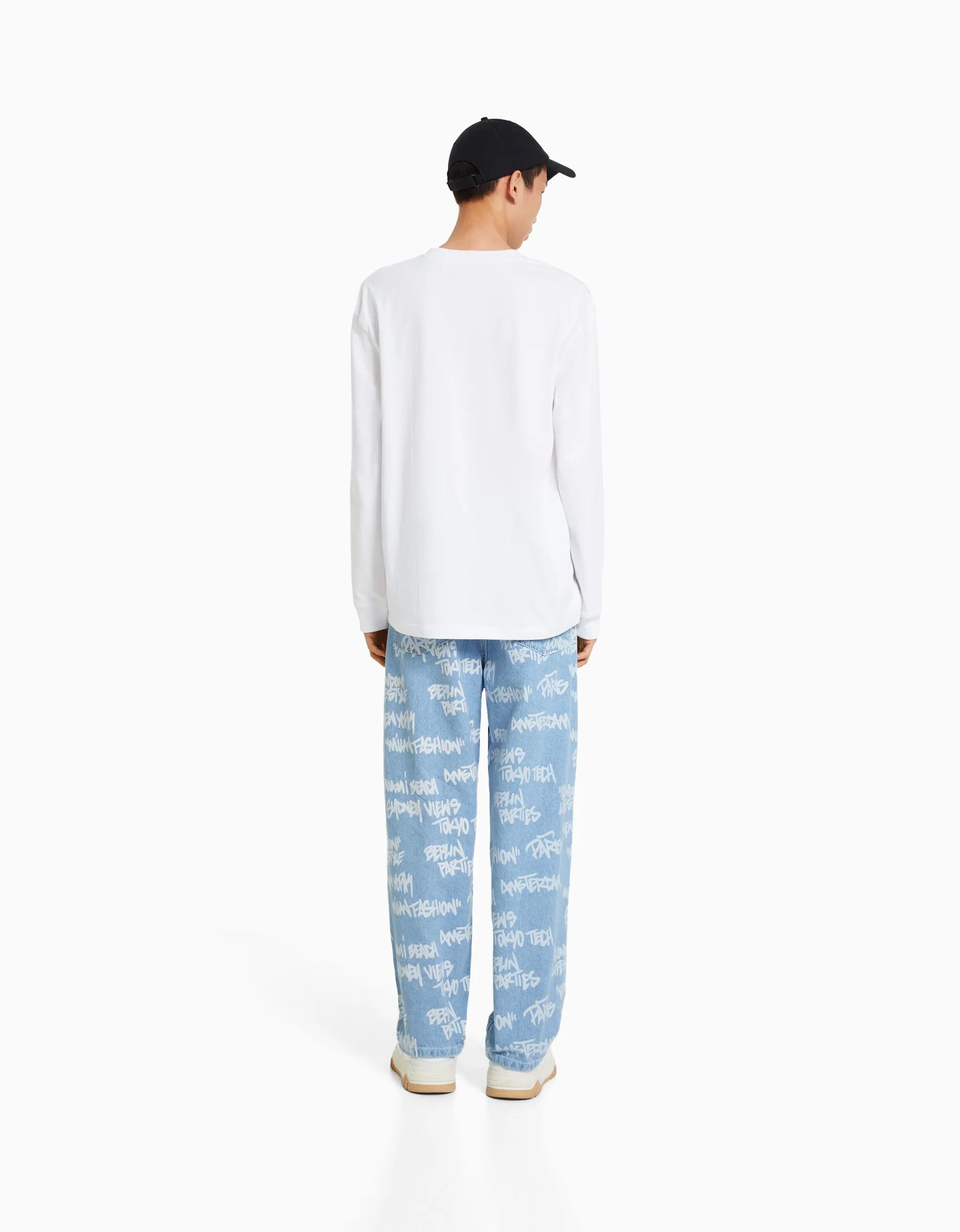 BERSHKA Jean baggy imprimé Bleu lavé New