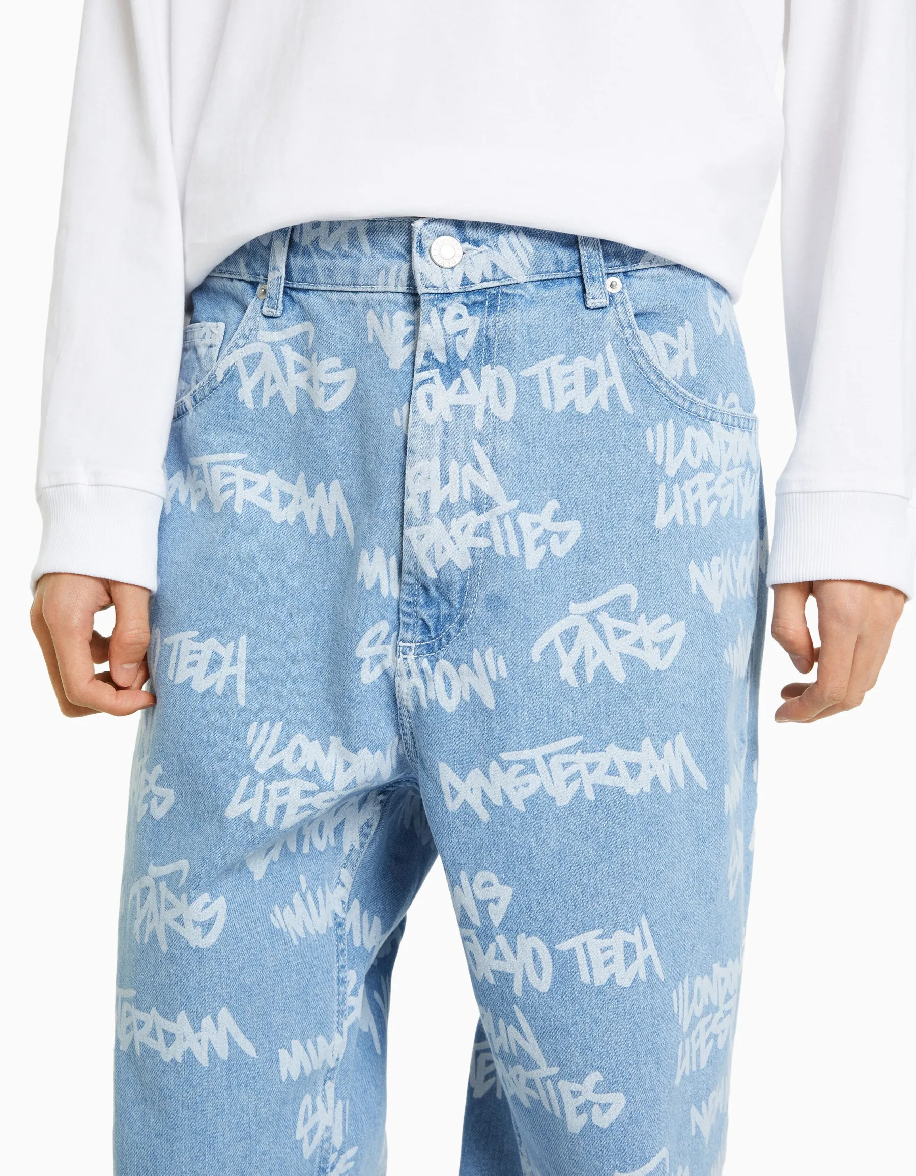 BERSHKA Jean baggy imprimé Bleu lavé New