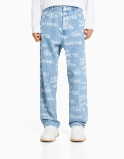 BERSHKA Jean baggy imprimé Bleu lavé Online