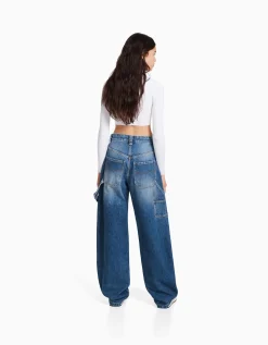 BERSHKA Jean balloon carpenter wide leg détail Bleu lavé Cheap