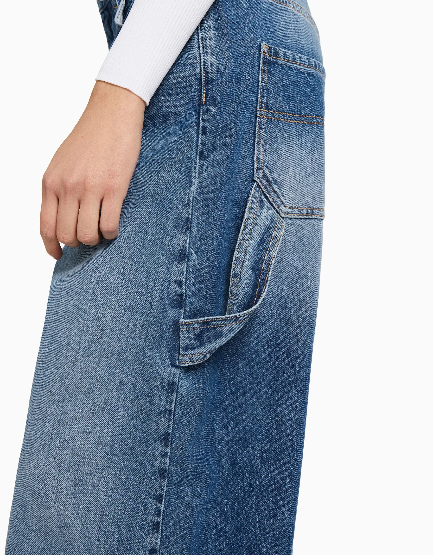 BERSHKA Jean balloon carpenter wide leg détail Bleu lavé Cheap