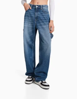 BERSHKA Jean balloon carpenter wide leg détail Bleu lavé Online