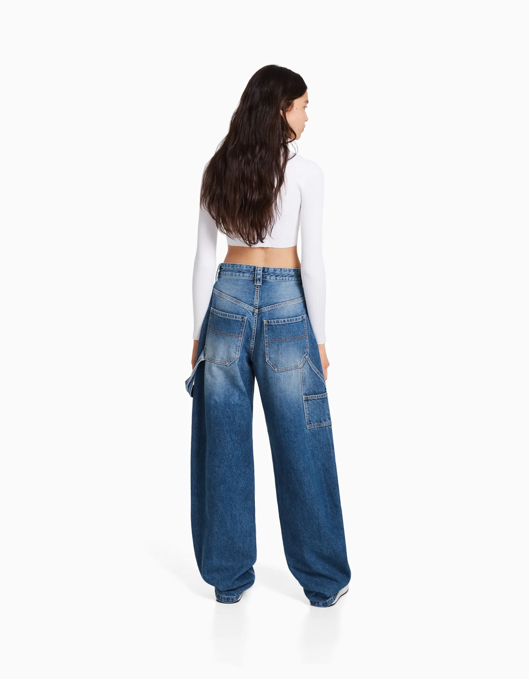 BERSHKA Jean balloon carpenter wide leg détail Bleu lavé Online