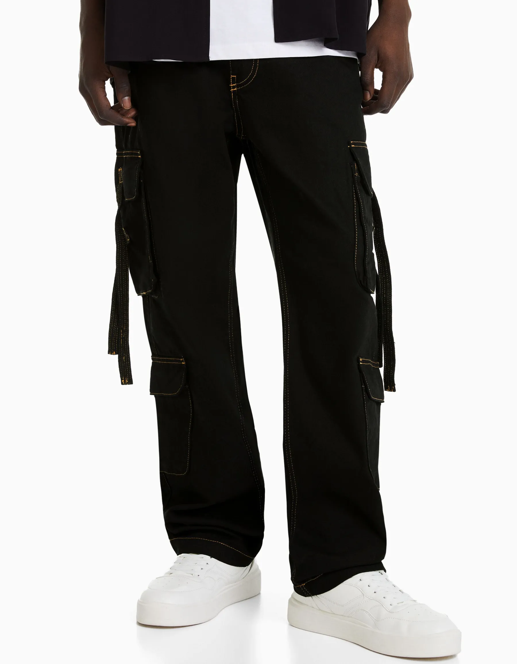 BERSHKA Jean cargo bandes Noir Cheap