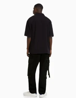BERSHKA Jean cargo bandes Noir Cheap