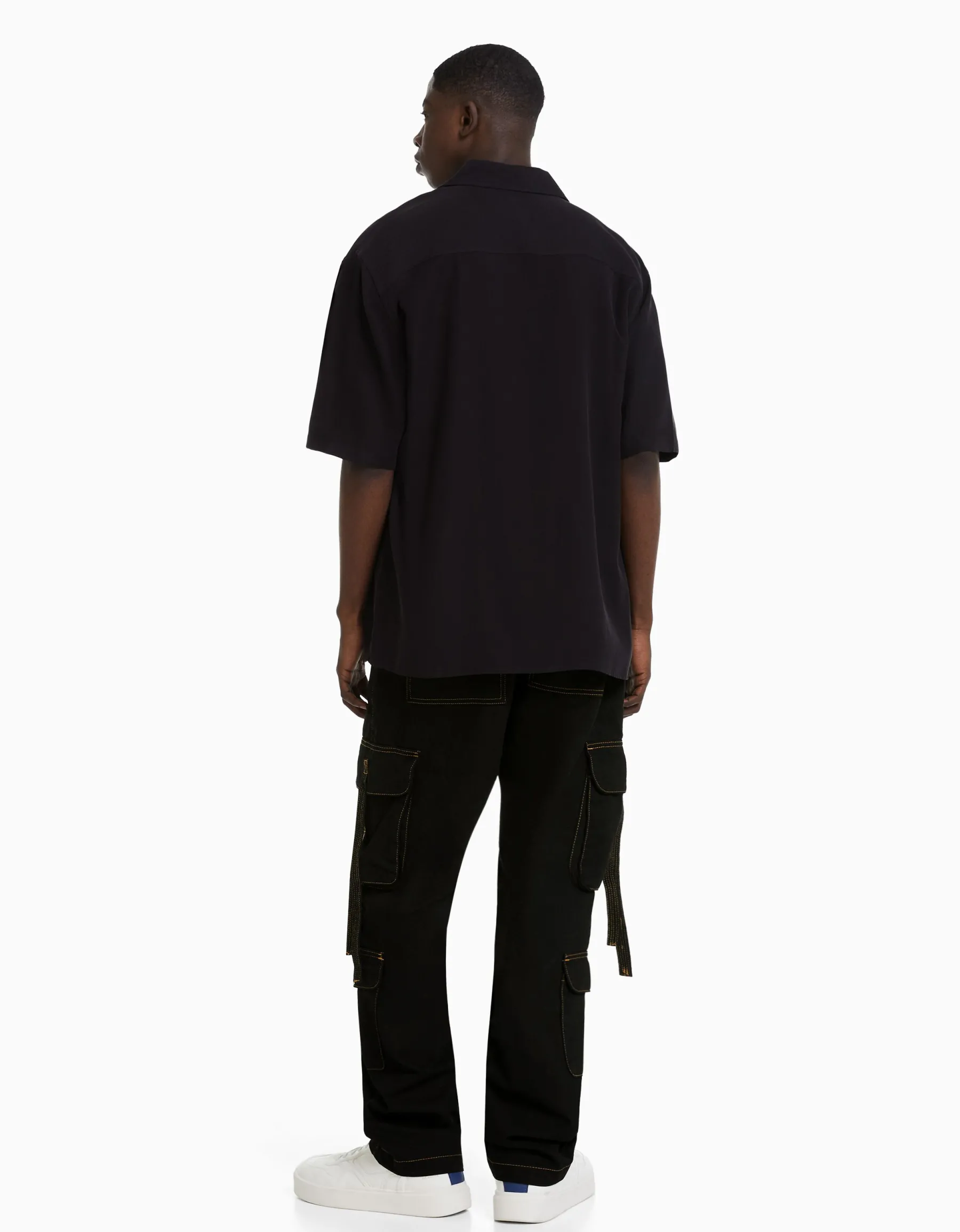 BERSHKA Jean cargo bandes Noir Cheap