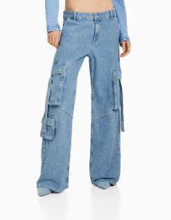 BERSHKA Jean cargo multipoches Bleu lavé New