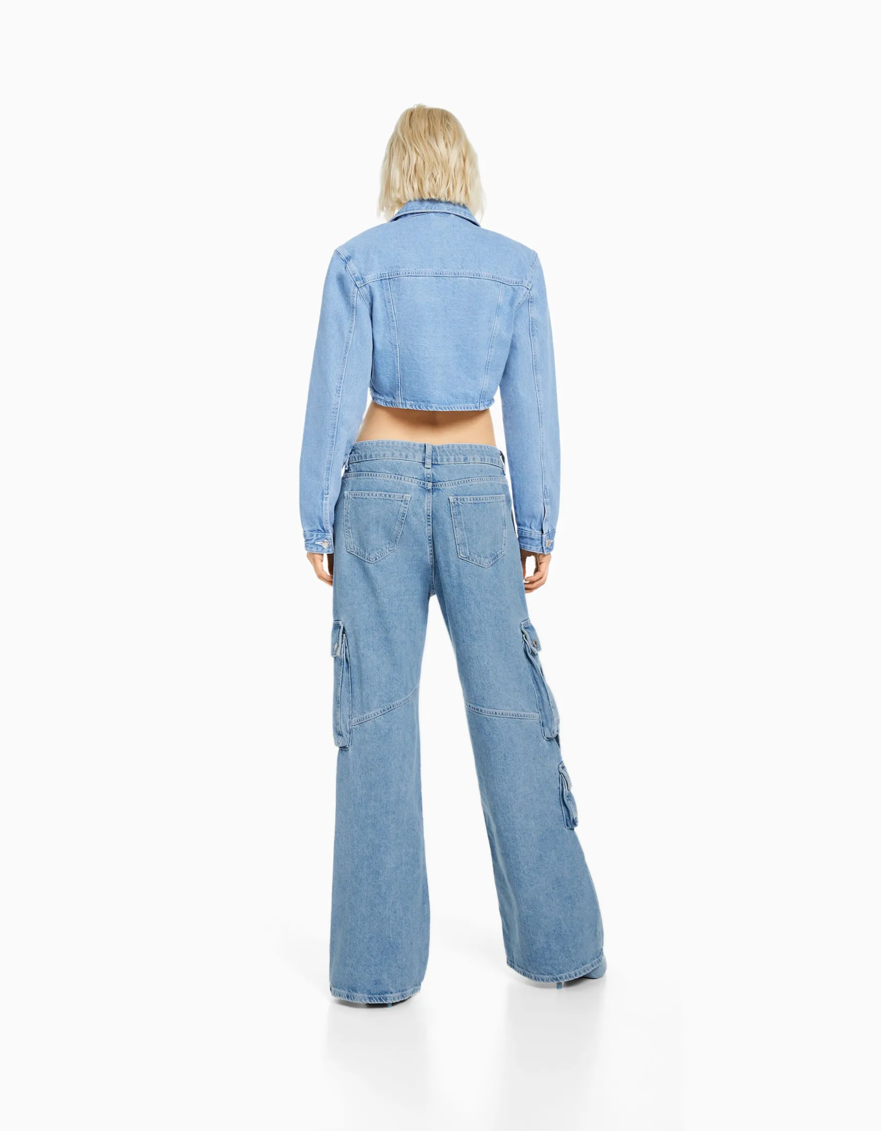 BERSHKA Jean cargo multipoches Bleu lavé New