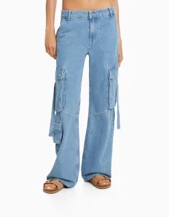BERSHKA Jean cargo multipoches Bleu lavé New