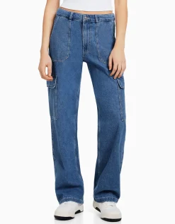 BERSHKA Jean cargo straight Bleu lavé Store