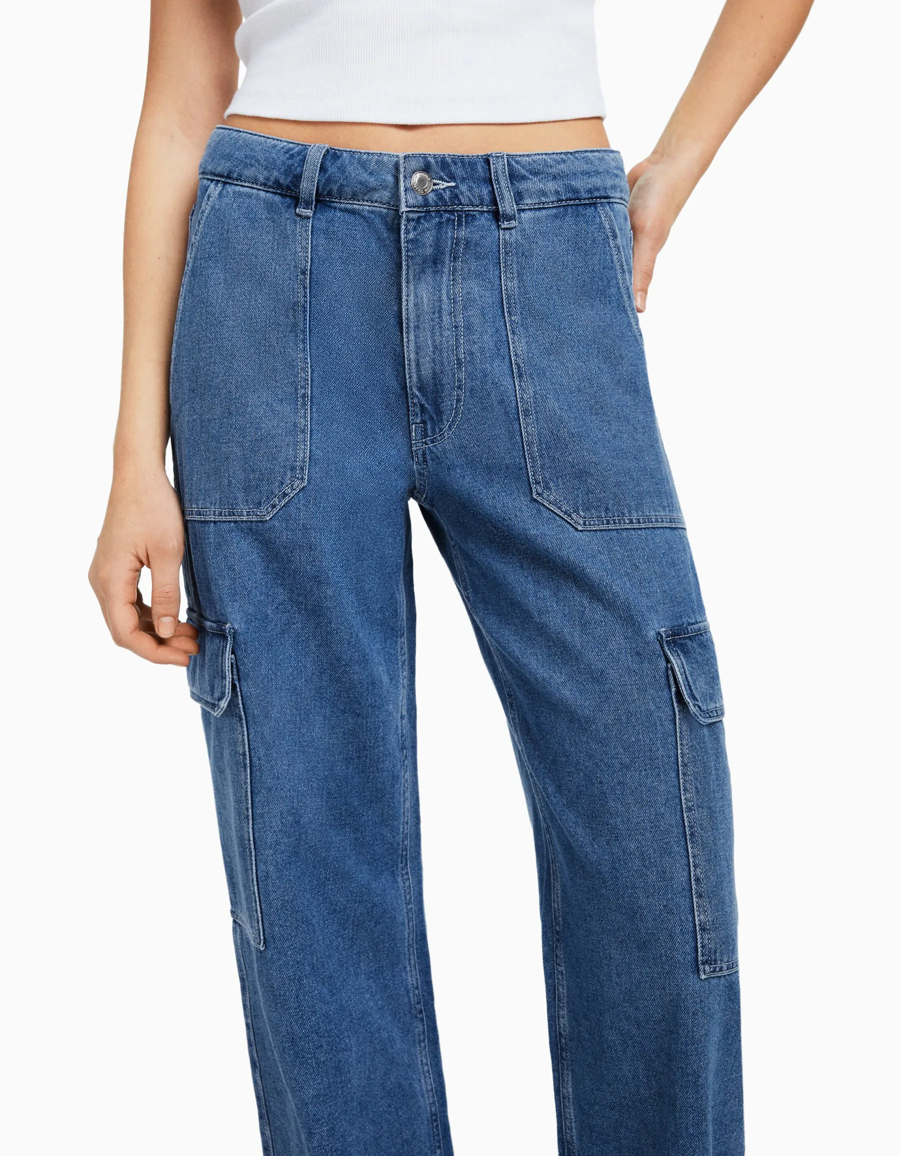 BERSHKA Jean cargo straight Bleu lavé Store