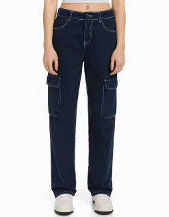 BERSHKA Jean cargo straight Bleu lavé Flash Sale
