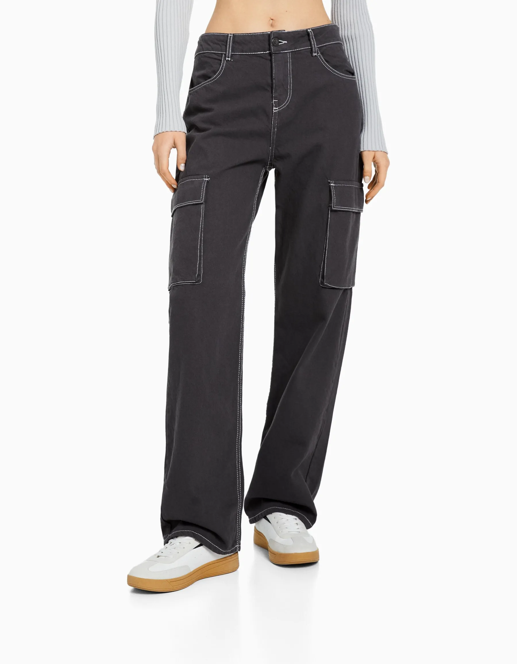 BERSHKA Jean cargo straight Bleu lavé Shop