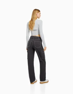 BERSHKA Jean cargo straight Bleu lavé Shop