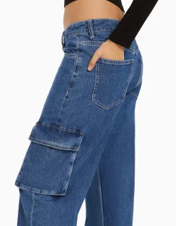 BERSHKA Jean cargo straight Bleu lavé Clearance