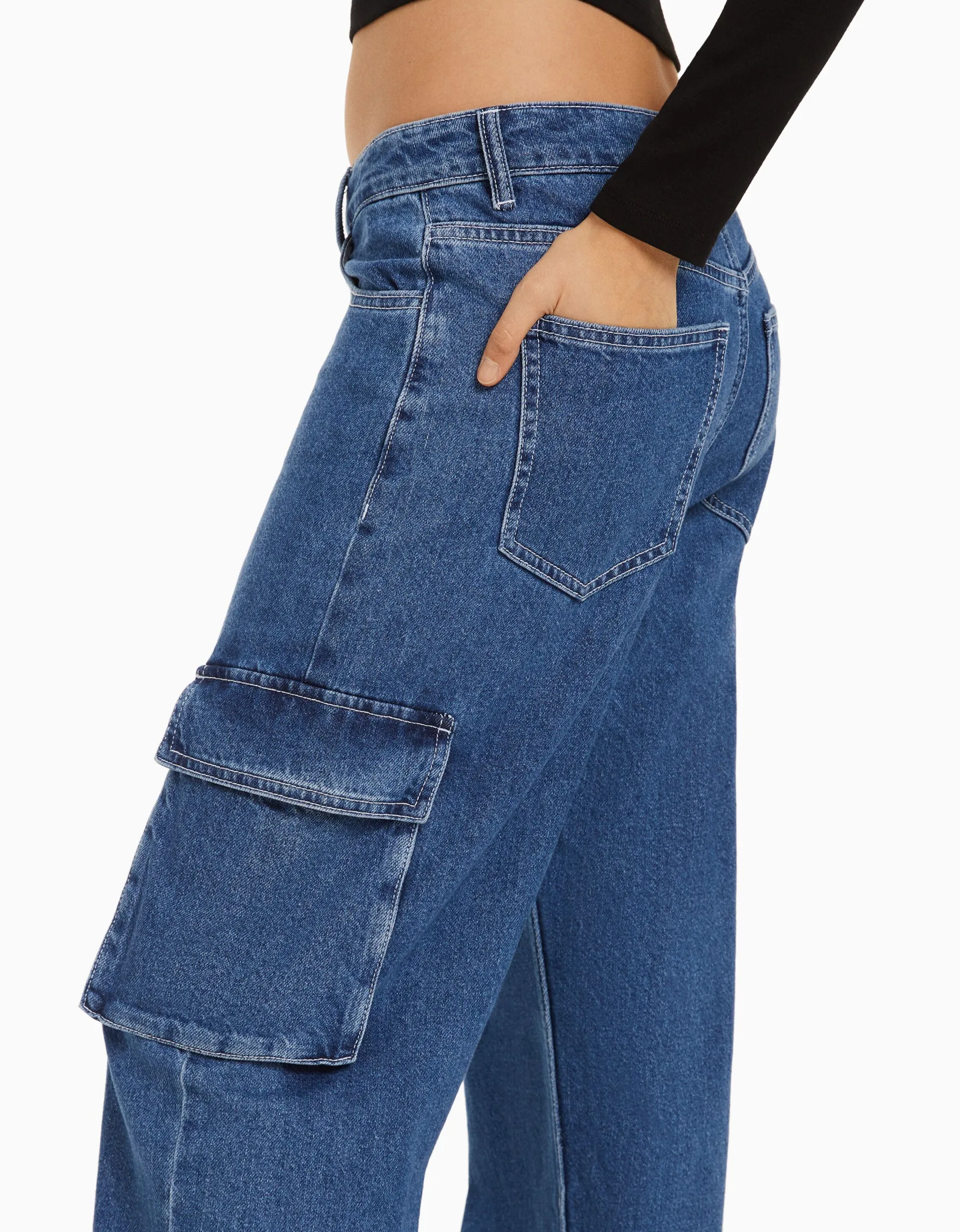 BERSHKA Jean cargo straight Bleu lavé Clearance