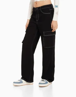 BERSHKA Jean cargo straight Bleu lavé Cheap
