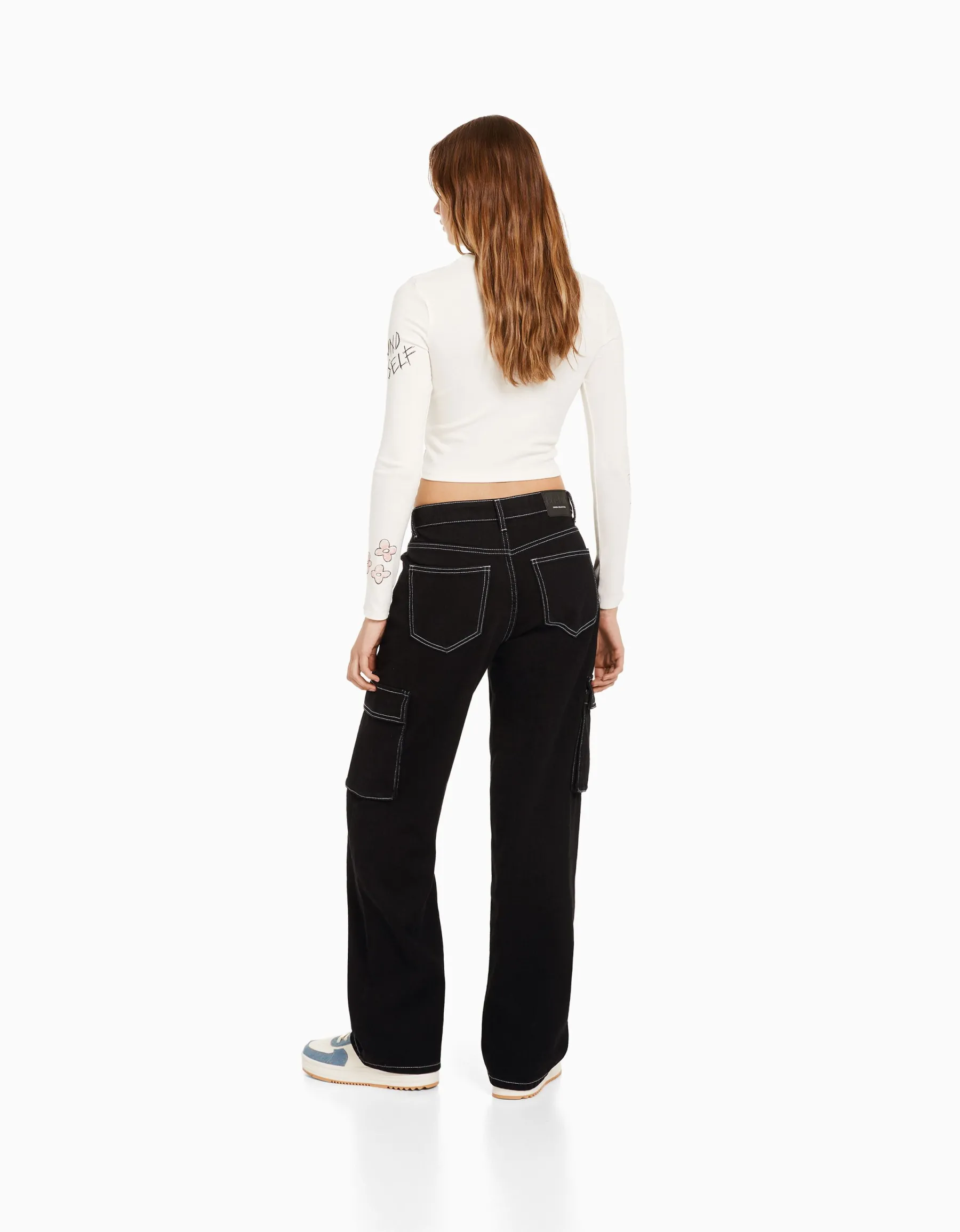 BERSHKA Jean cargo straight Bleu lavé Cheap