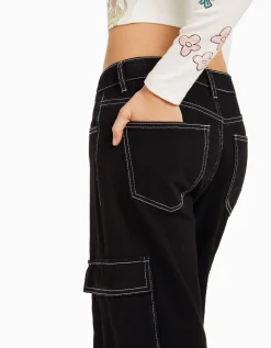 BERSHKA Jean cargo straight Bleu lavé Cheap