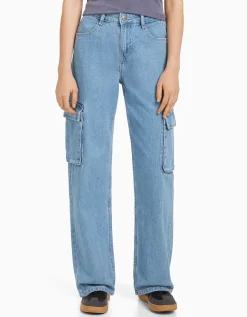 BERSHKA Jean cargo straight Bleu lavé Best