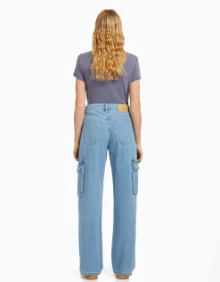 BERSHKA Jean cargo straight Bleu lavé Best