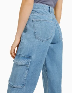 BERSHKA Jean cargo straight Bleu lavé Best
