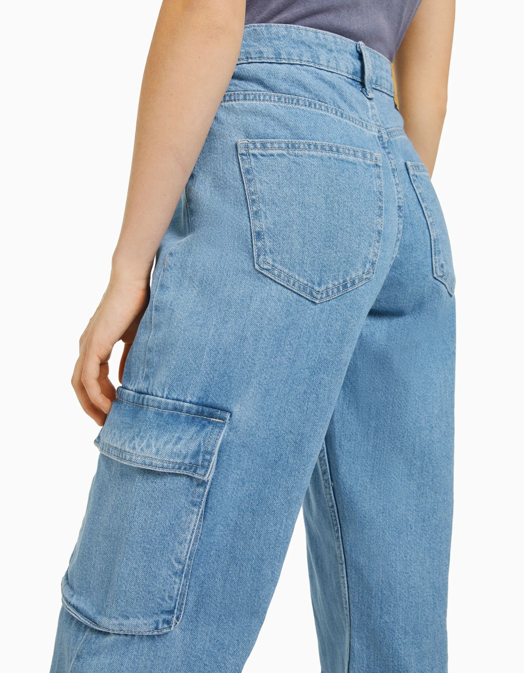 BERSHKA Jean cargo straight Bleu lavé Best
