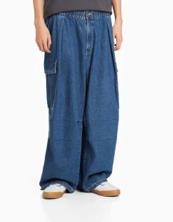 BERSHKA Jean cargo volume Bleu lavé New