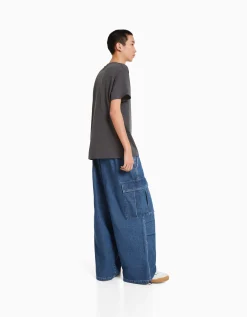 BERSHKA Jean cargo volume Bleu lavé New