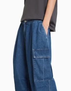 BERSHKA Jean cargo volume Bleu lavé New